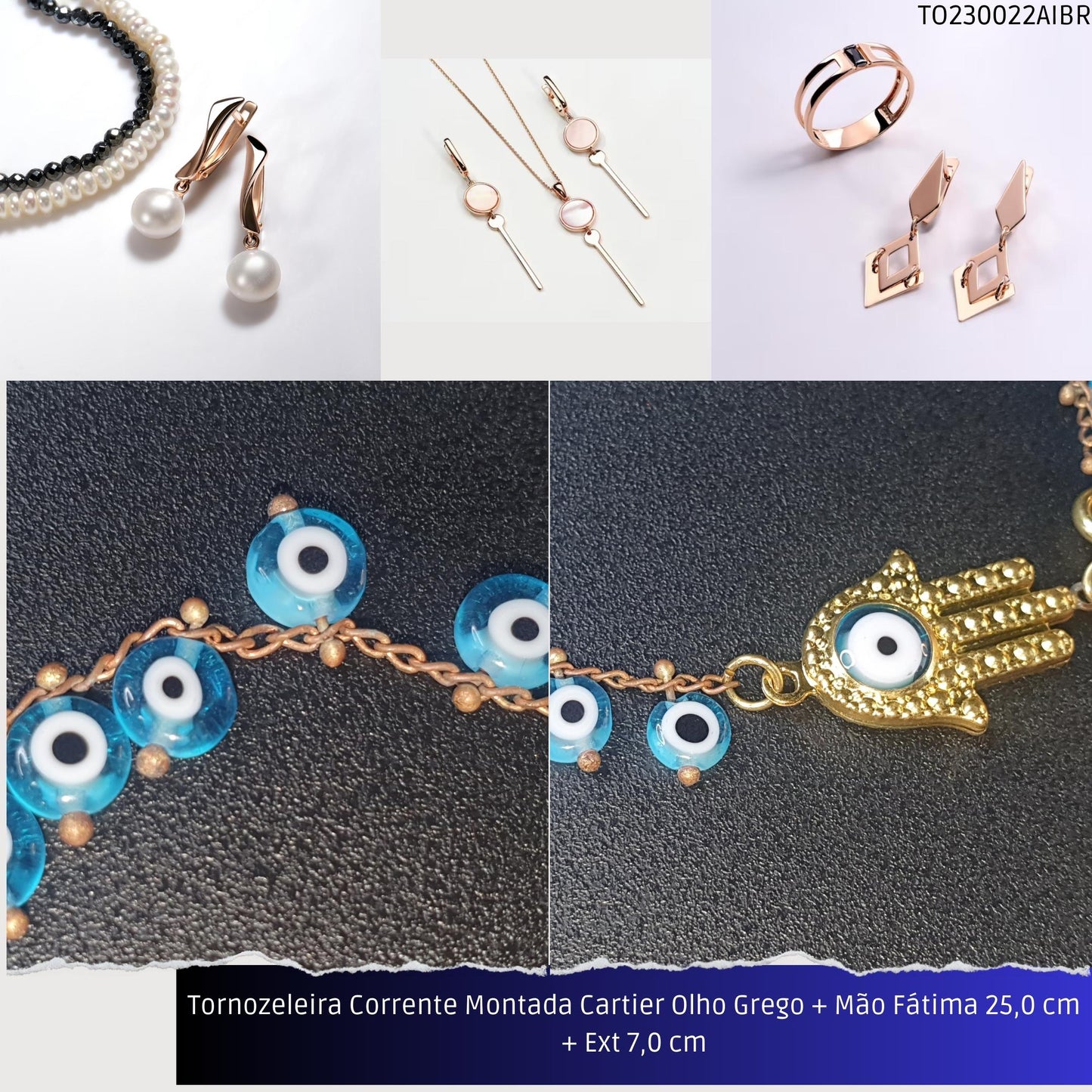 Tornozeleira Corrente Montada Cartier Olho Grego + Mão Fátima 21.0 cm + Ext 7.0 cm  - Código.: TO230022AIBR  - Peso.: 7.6 gr