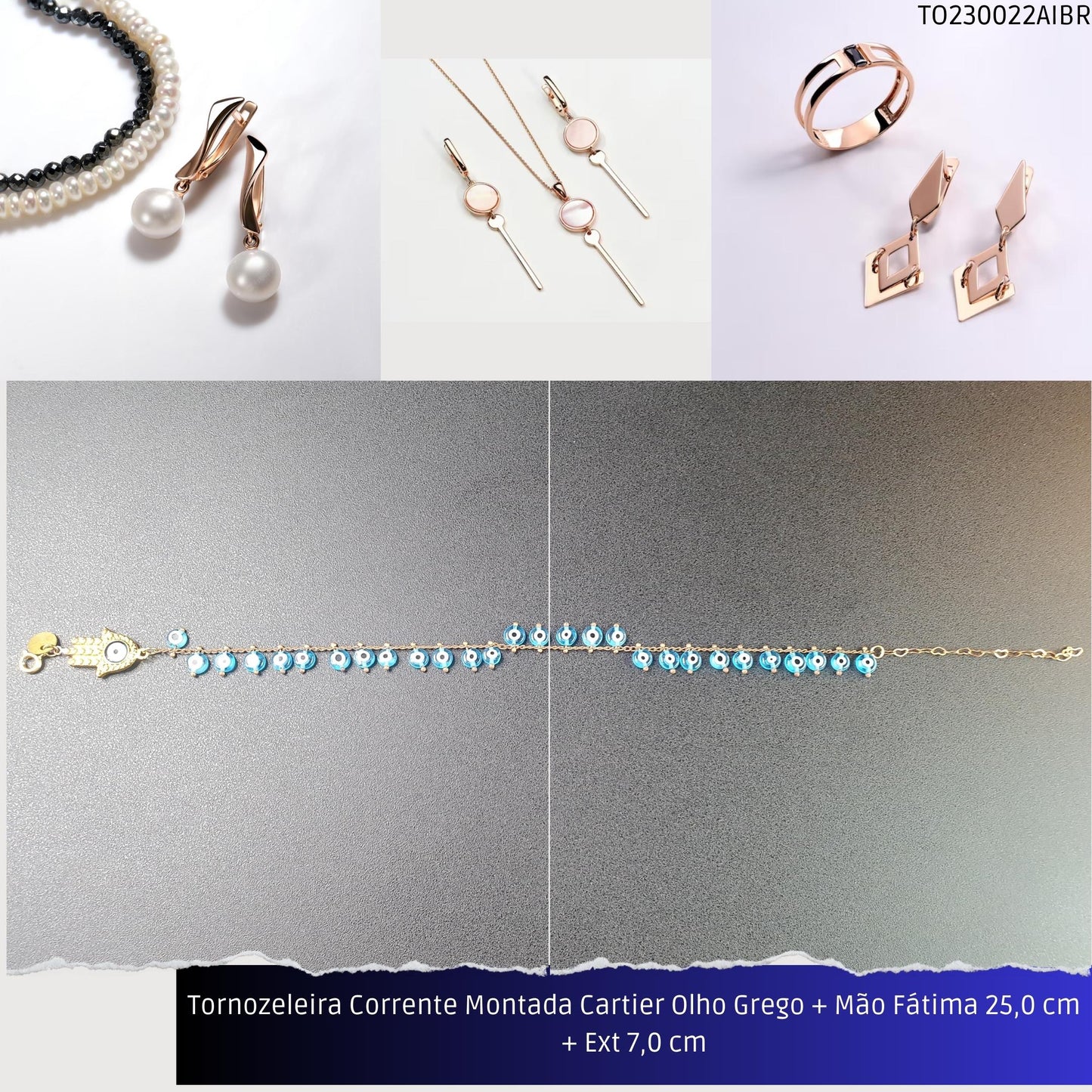 Tornozeleira Corrente Montada Cartier Olho Grego + Mão Fátima 21.0 cm + Ext 7.0 cm  - Código.: TO230022AIBR  - Peso.: 7.6 gr