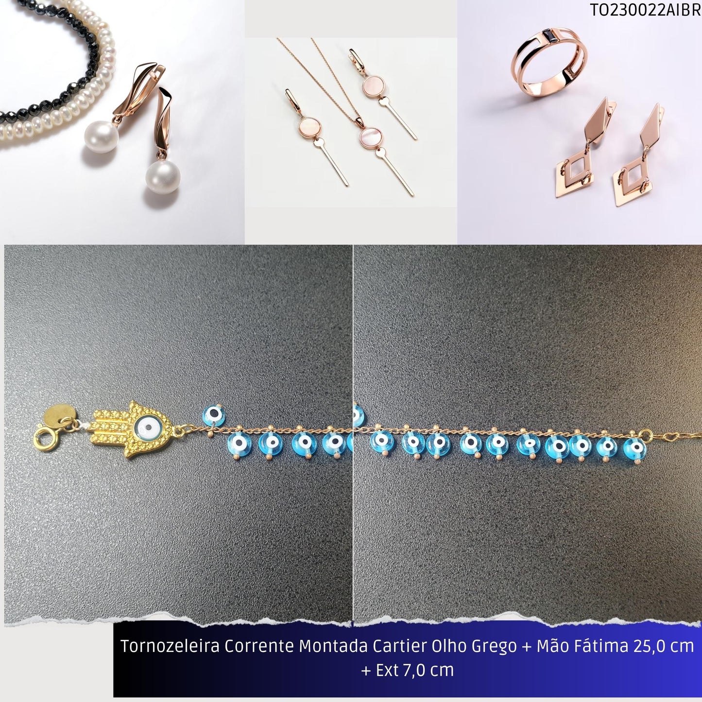 Tornozeleira Corrente Montada Cartier Olho Grego + Mão Fátima 21.0 cm + Ext 7.0 cm  - Código.: TO230022AIBR  - Peso.: 7.6 gr