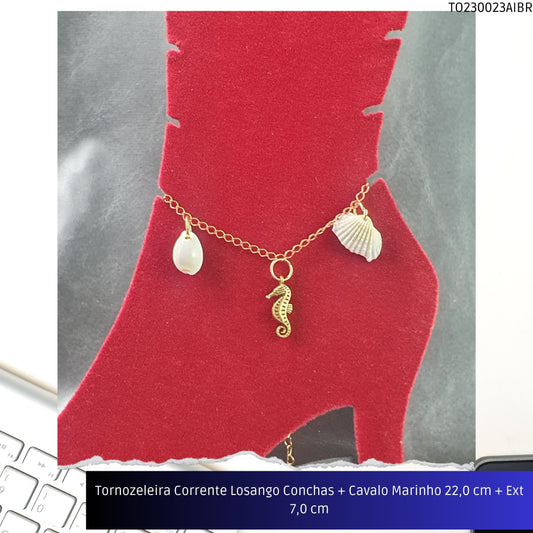 Tornozeleira Corrente Losango Conchas + Cavalo Marinho 22.0 cm + Ext 7.0 cm  - Código.: TO230023AIBR  - Peso.: 4.6 gr