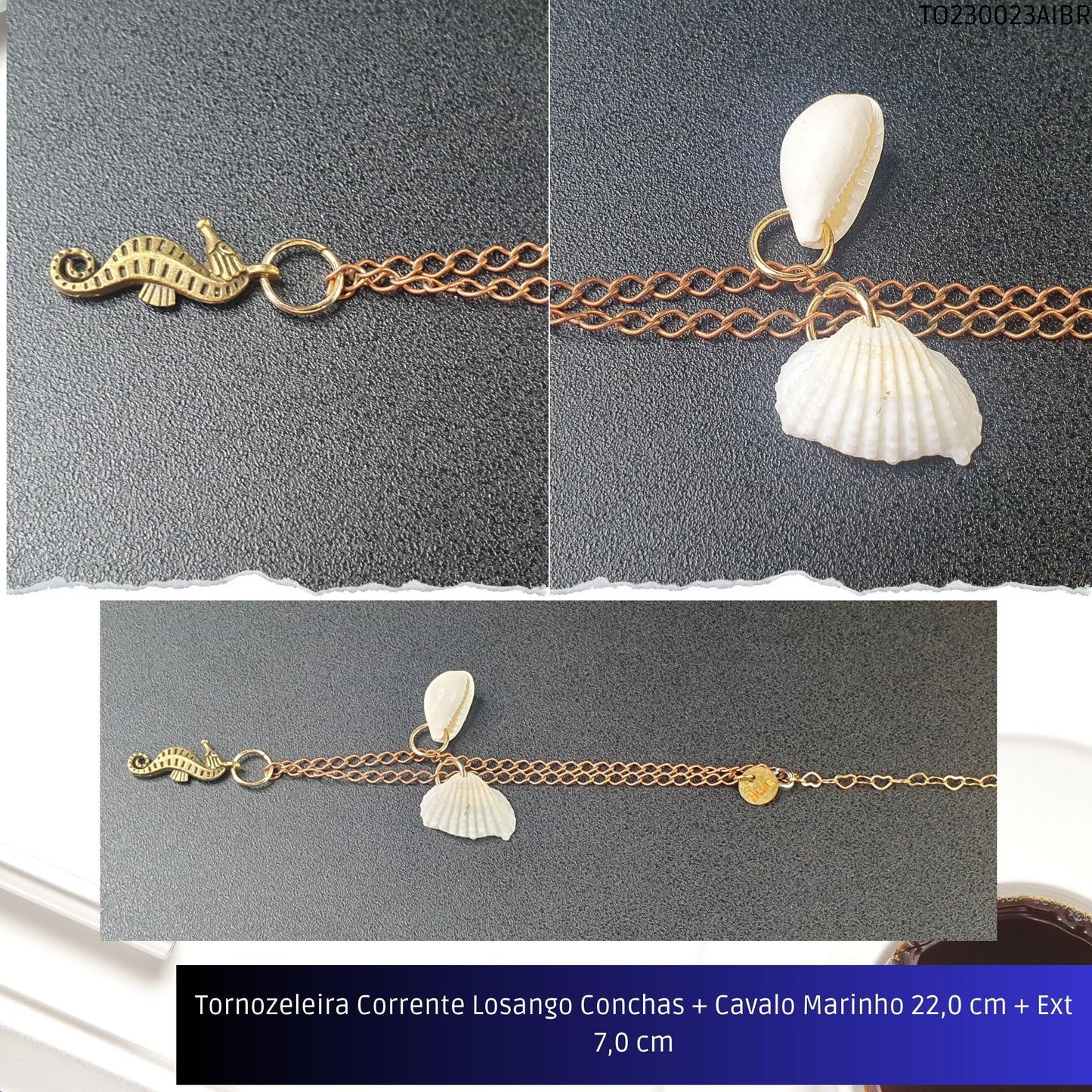 Tornozeleira Corrente Losango Conchas + Cavalo Marinho 22.0 cm + Ext 7.0 cm  - Código.: TO230023AIBR  - Peso.: 4.6 gr