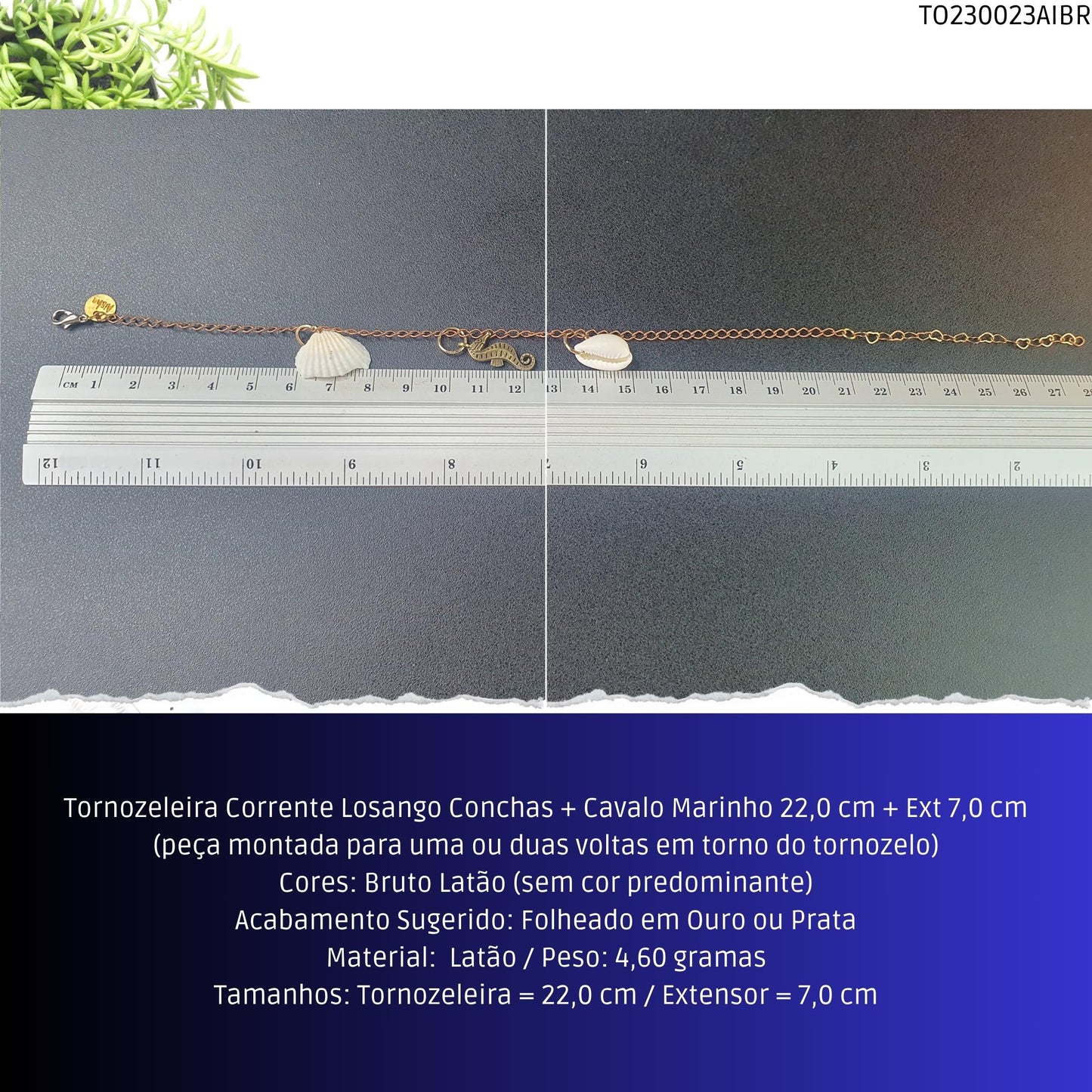 Tornozeleira Corrente Losango Conchas + Cavalo Marinho 22.0 cm + Ext 7.0 cm  - Código.: TO230023AIBR  - Peso.: 4.6 gr