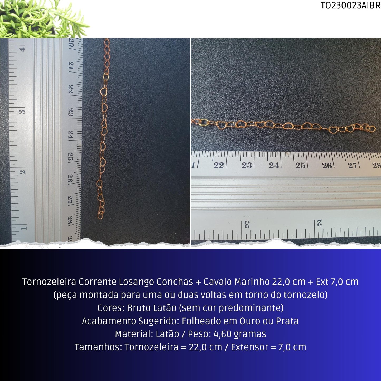 Tornozeleira Corrente Losango Conchas + Cavalo Marinho 22.0 cm + Ext 7.0 cm  - Código.: TO230023AIBR  - Peso.: 4.6 gr