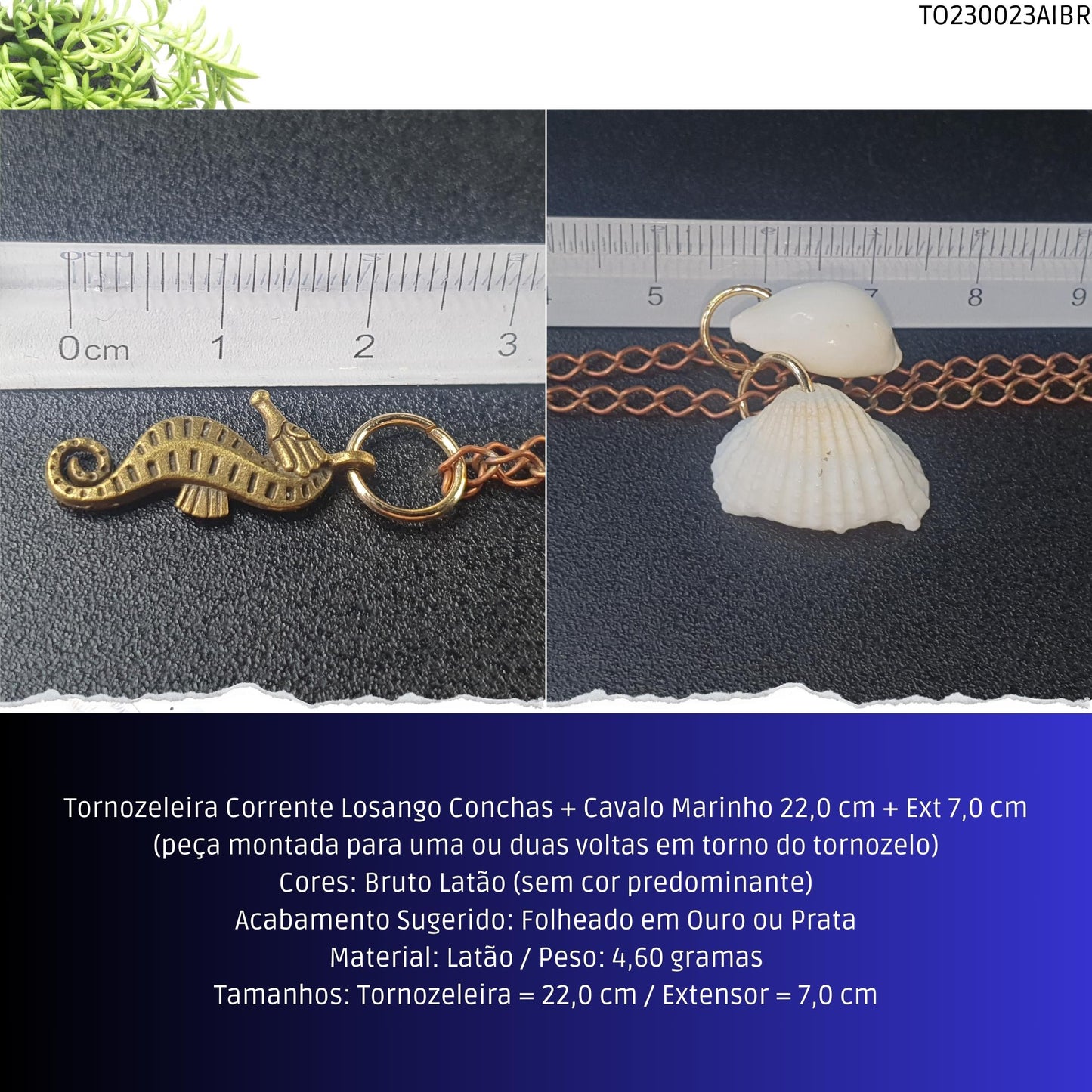 Tornozeleira Corrente Losango Conchas + Cavalo Marinho 22.0 cm + Ext 7.0 cm  - Código.: TO230023AIBR  - Peso.: 4.6 gr