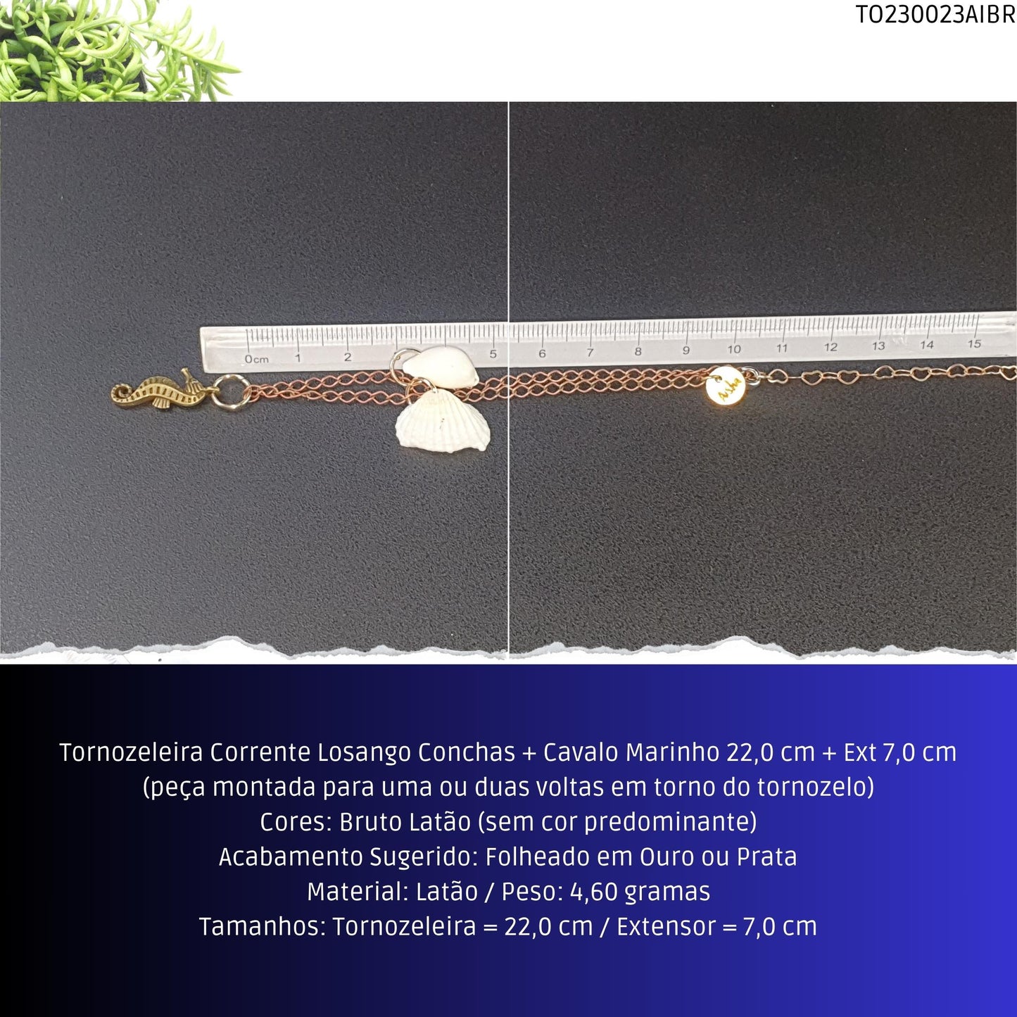 Tornozeleira Corrente Losango Conchas + Cavalo Marinho 22.0 cm + Ext 7.0 cm  - Código.: TO230023AIBR  - Peso.: 4.6 gr