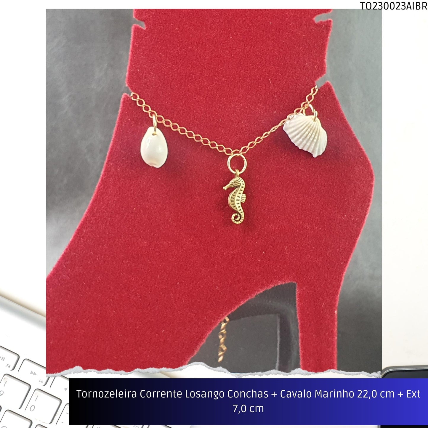 Tornozeleira Corrente Losango Conchas + Cavalo Marinho 22.0 cm + Ext 7.0 cm  - Código.: TO230023AIBR  - Peso.: 4.6 gr