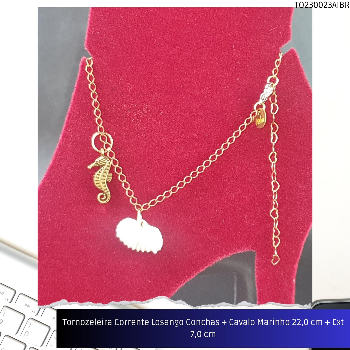 Tornozeleira Corrente Losango Conchas + Cavalo Marinho 22.0 cm + Ext 7.0 cm  - Código.: TO230023AIBR  - Peso.: 4.6 gr