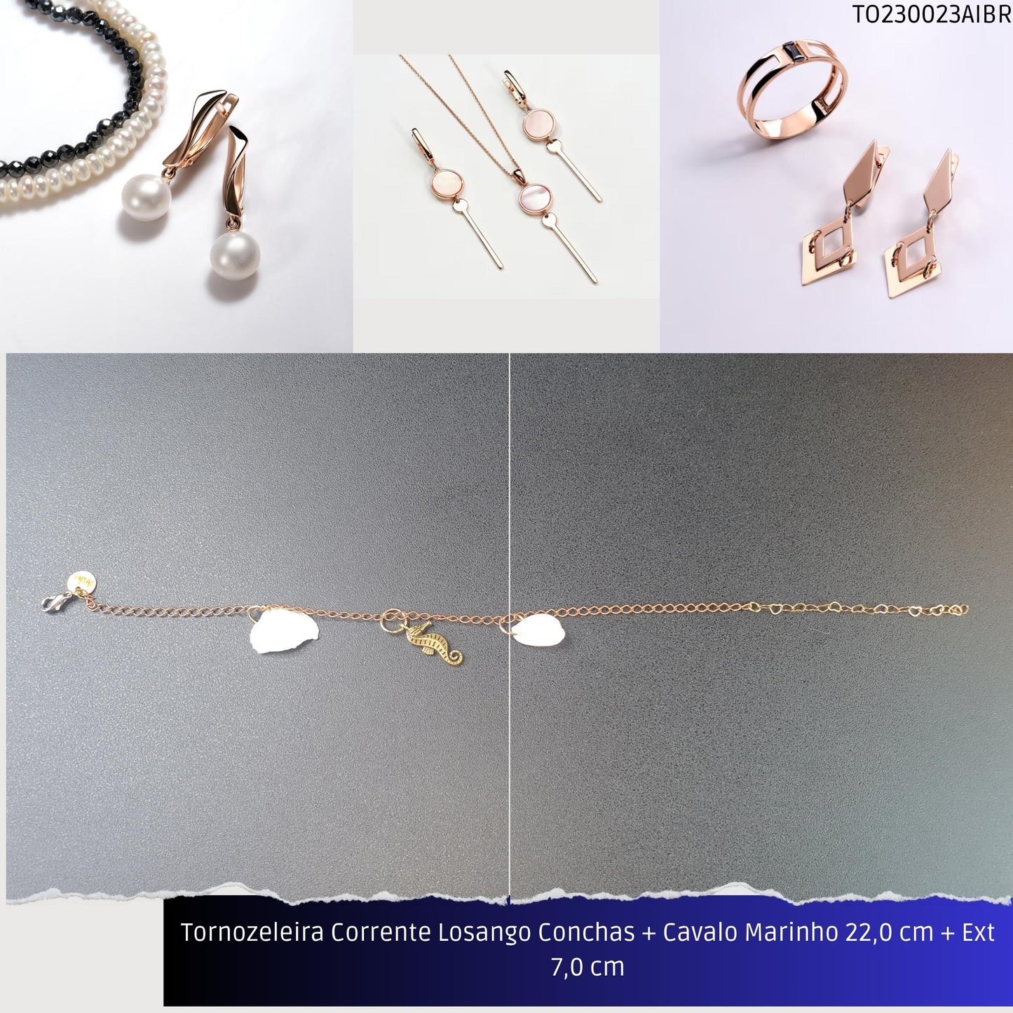 Tornozeleira Corrente Losango Conchas + Cavalo Marinho 22.0 cm + Ext 7.0 cm  - Código.: TO230023AIBR  - Peso.: 4.6 gr