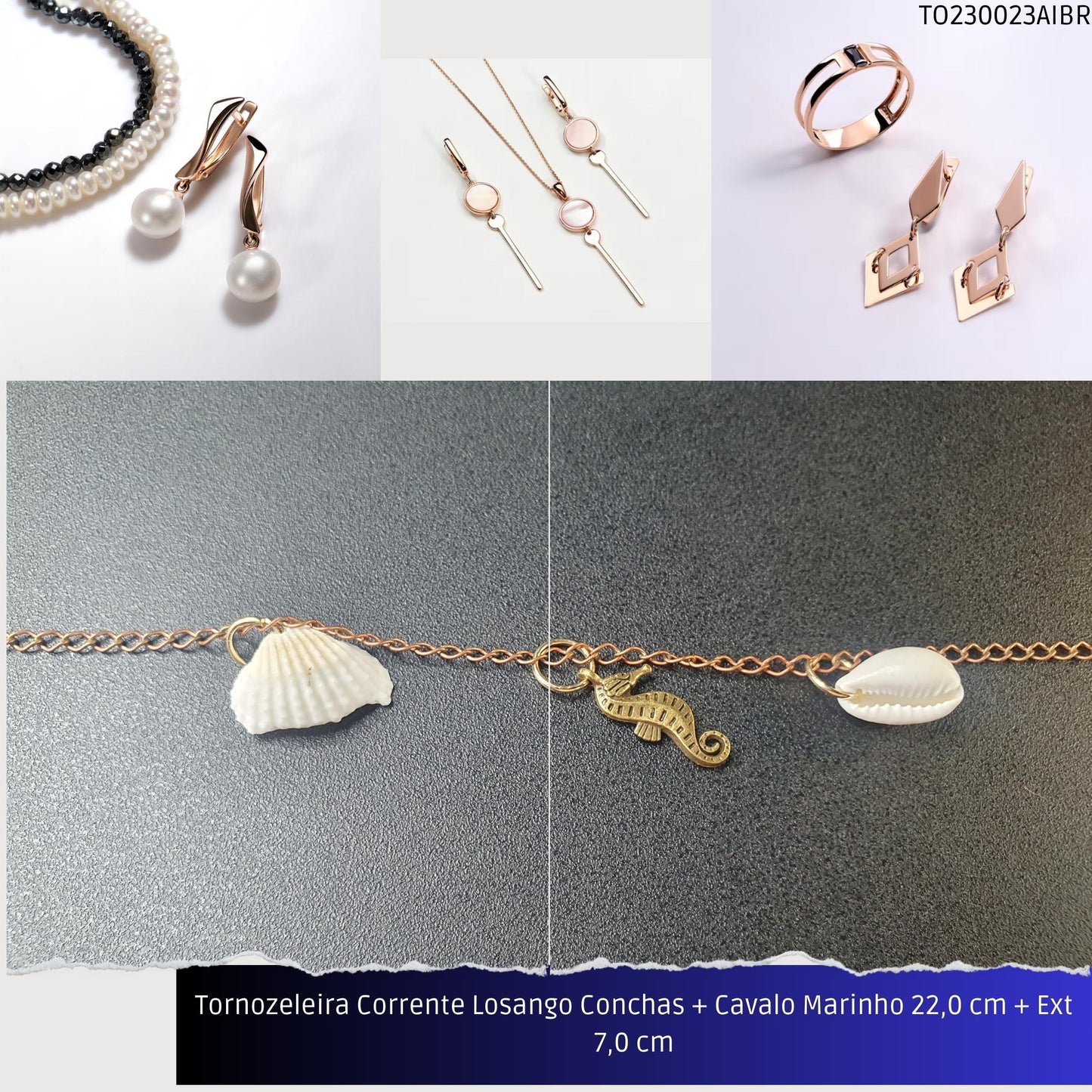 Tornozeleira Corrente Losango Conchas + Cavalo Marinho 22.0 cm + Ext 7.0 cm  - Código.: TO230023AIBR  - Peso.: 4.6 gr