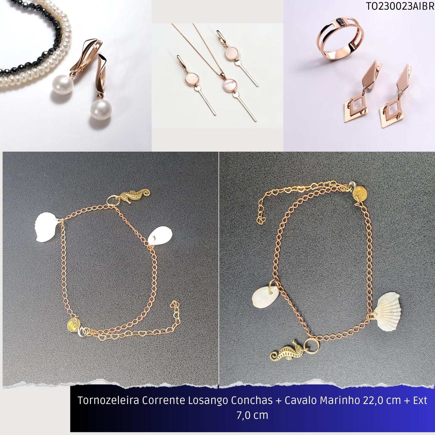 Tornozeleira Corrente Losango Conchas + Cavalo Marinho 22.0 cm + Ext 7.0 cm  - Código.: TO230023AIBR  - Peso.: 4.6 gr