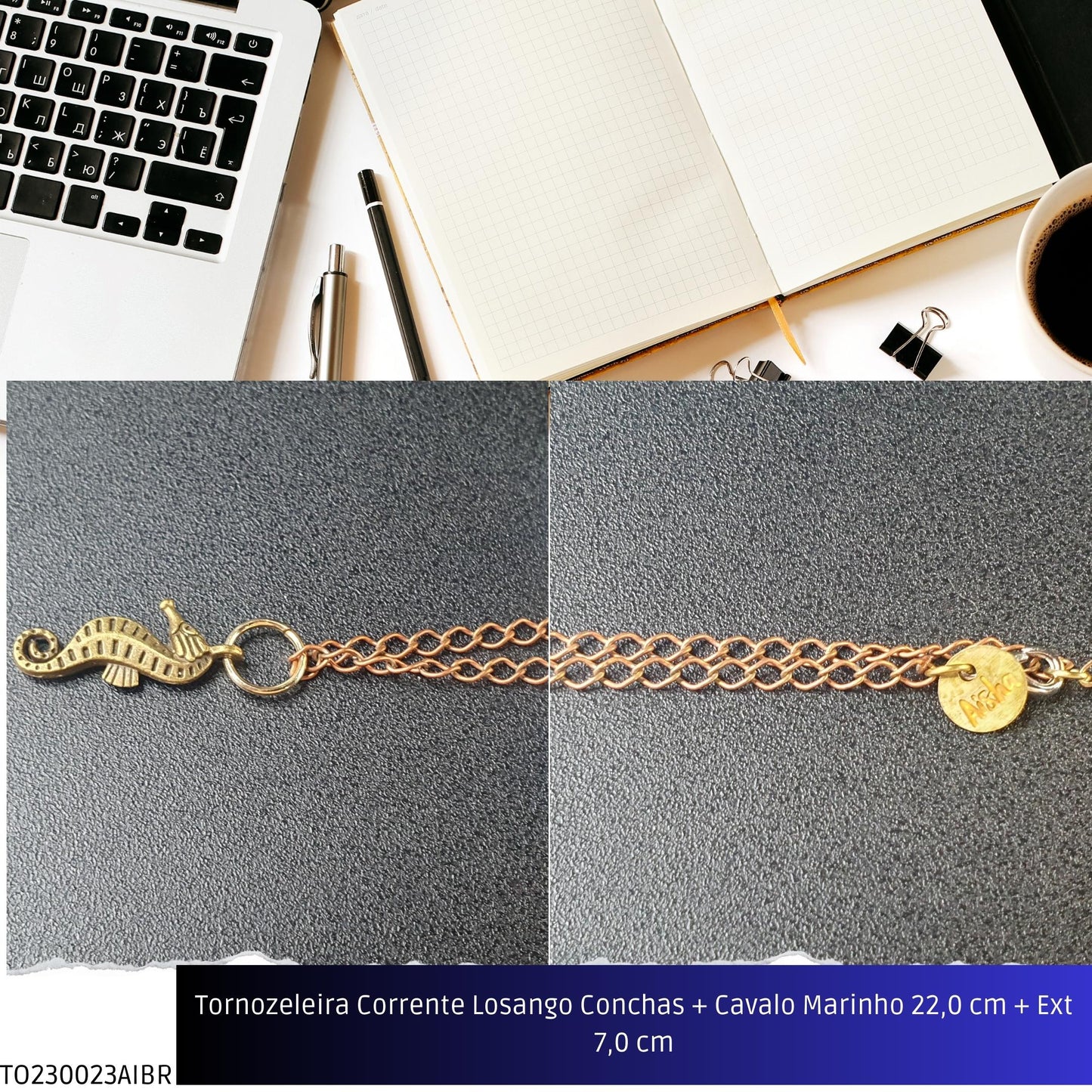 Tornozeleira Corrente Losango Conchas + Cavalo Marinho 22.0 cm + Ext 7.0 cm  - Código.: TO230023AIBR  - Peso.: 4.6 gr