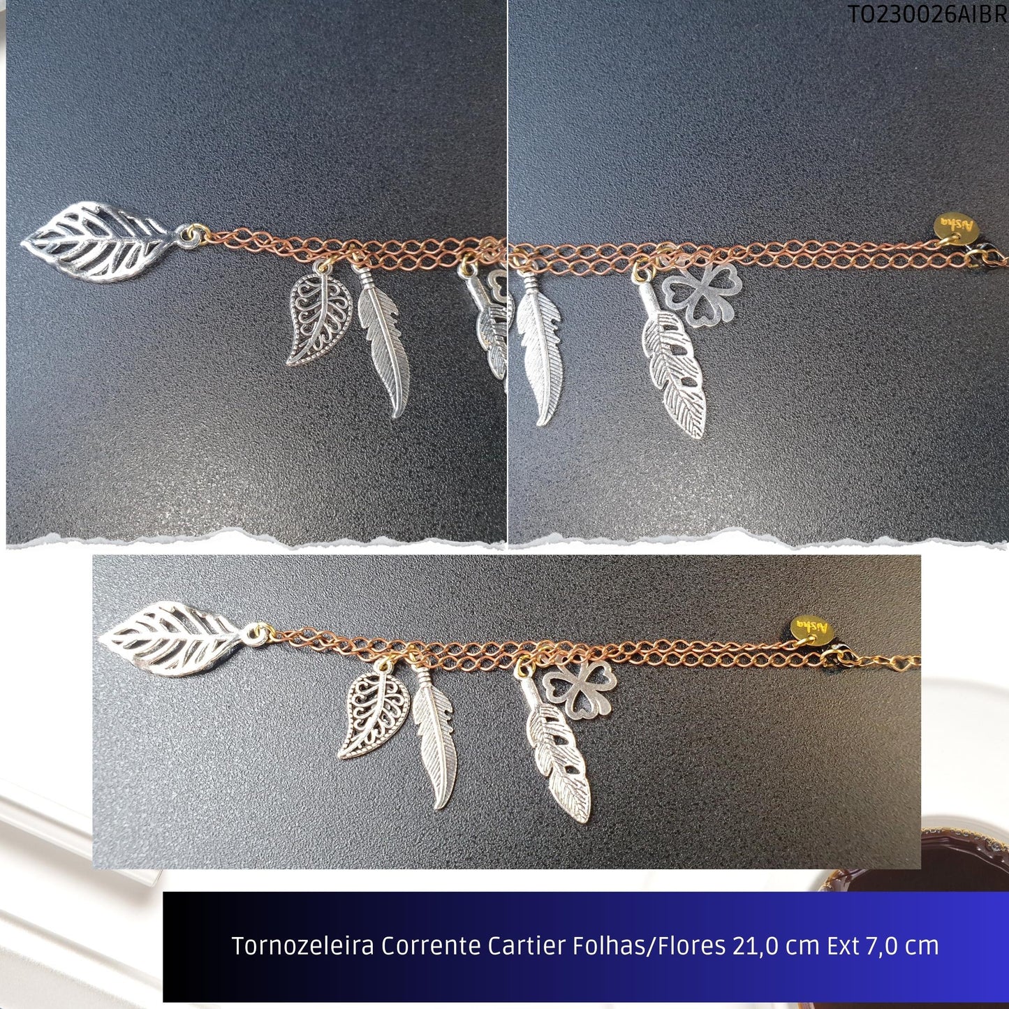 Tornozeleira Corrente Cartier Folhas/Flores 21.0 cm Ext 7.0 cm  - Código.: TO230026AIBR  - Peso.: 5.4 gr