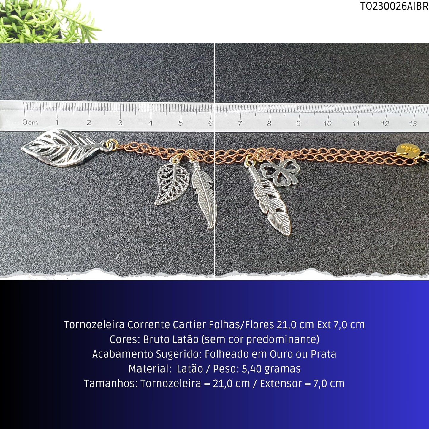 Tornozeleira Corrente Cartier Folhas/Flores 21.0 cm Ext 7.0 cm  - Código.: TO230026AIBR  - Peso.: 5.4 gr