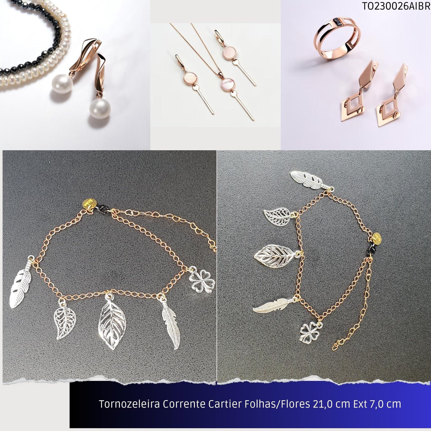 Tornozeleira Corrente Cartier Folhas/Flores 21.0 cm Ext 7.0 cm  - Código.: TO230026AIBR  - Peso.: 5.4 gr