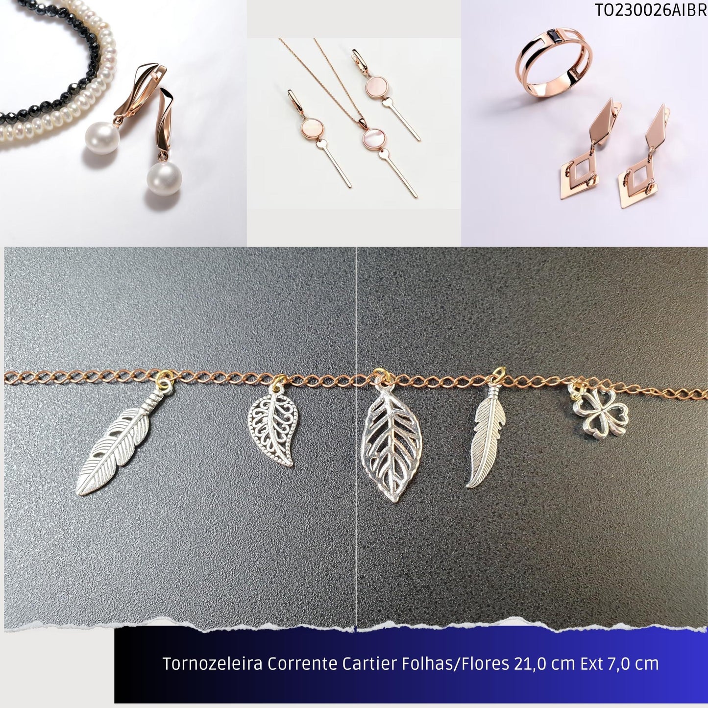 Tornozeleira Corrente Cartier Folhas/Flores 21.0 cm Ext 7.0 cm  - Código.: TO230026AIBR  - Peso.: 5.4 gr
