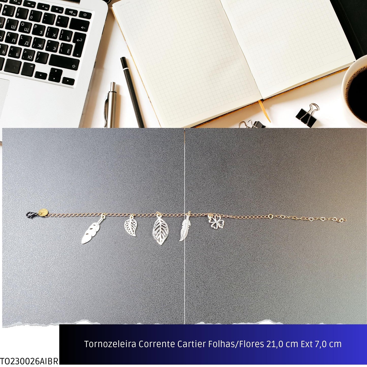 Tornozeleira Corrente Cartier Folhas/Flores 21.0 cm Ext 7.0 cm  - Código.: TO230026AIBR  - Peso.: 5.4 gr