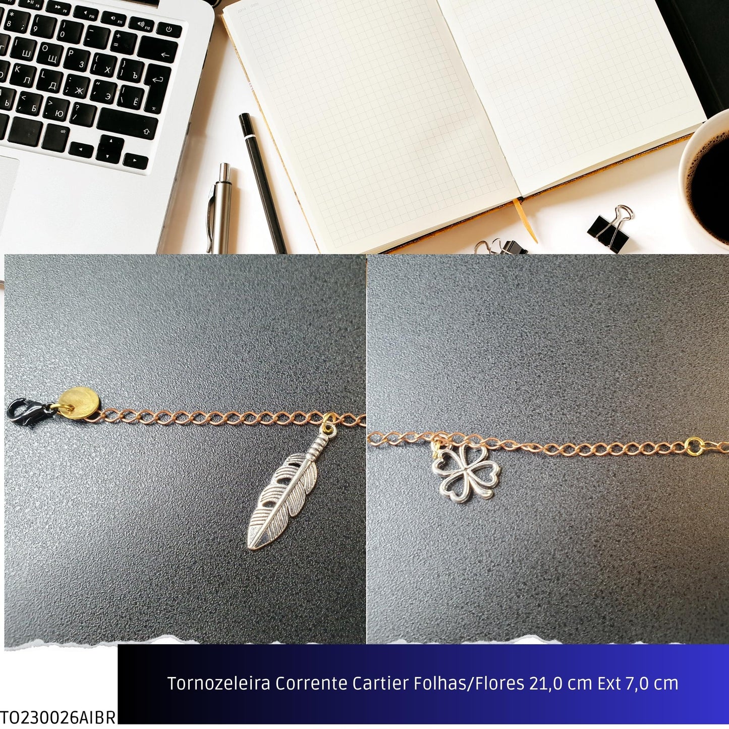 Tornozeleira Corrente Cartier Folhas/Flores 21.0 cm Ext 7.0 cm  - Código.: TO230026AIBR  - Peso.: 5.4 gr