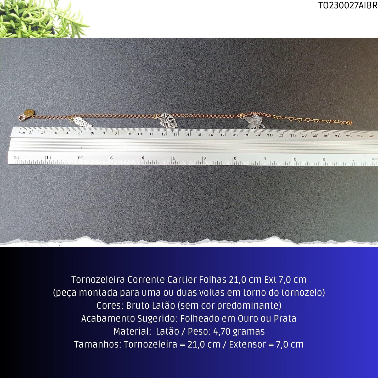 Tornozeleira Corrente Cartier Folhas 21.0 cm Ext 7.0 cm  - Código.: TO230027AIBR  - Peso.: 4.7 gr