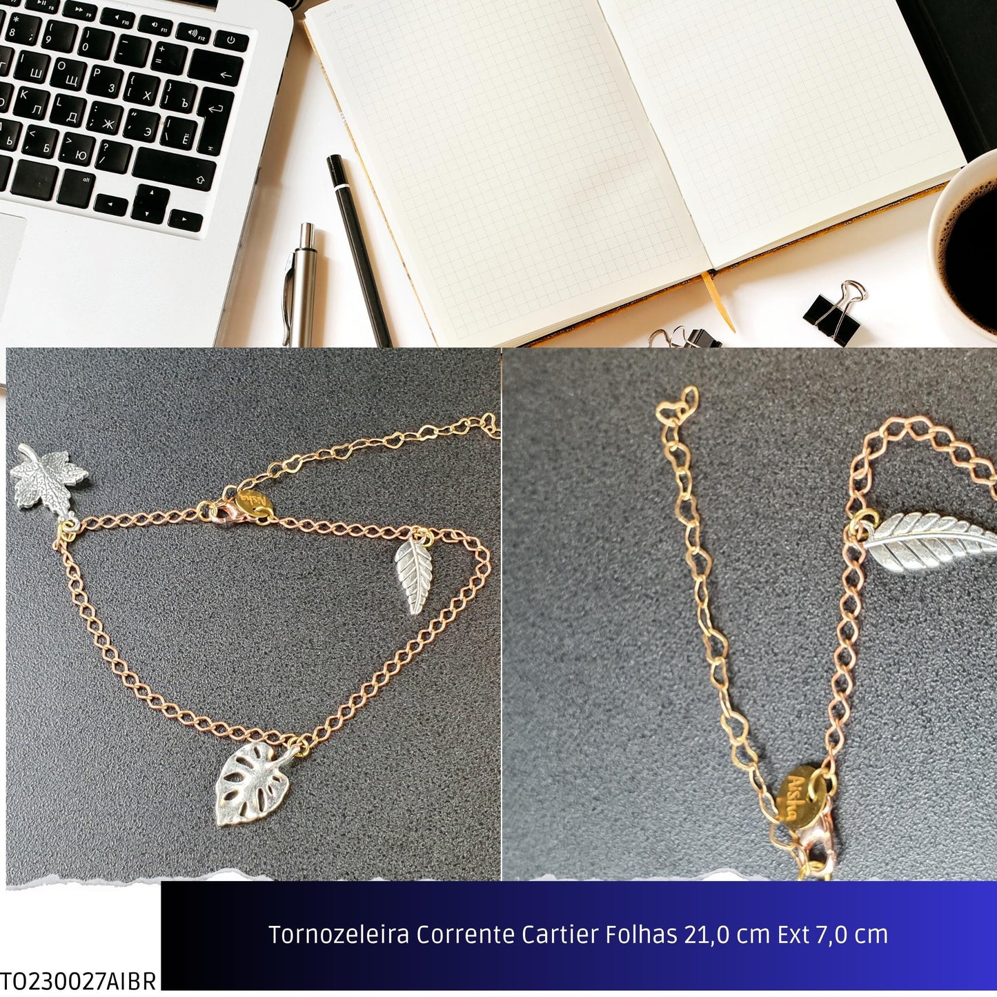 Tornozeleira Corrente Cartier Folhas 21.0 cm Ext 7.0 cm  - Código.: TO230027AIBR  - Peso.: 4.7 gr