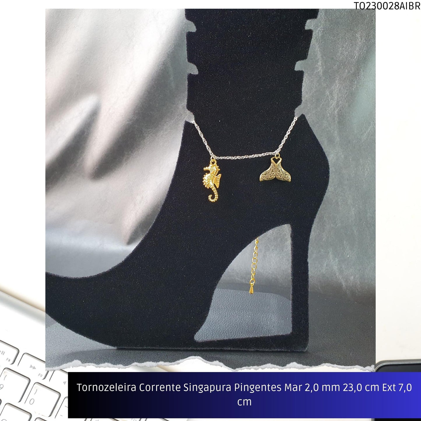 Tornozeleira Corrente Singapura Pingentes Mar 2.0 mm 23.0 cm Ext 7.0 cm  - Código.: TO230028AIBR  - Peso.: 5.7 gr