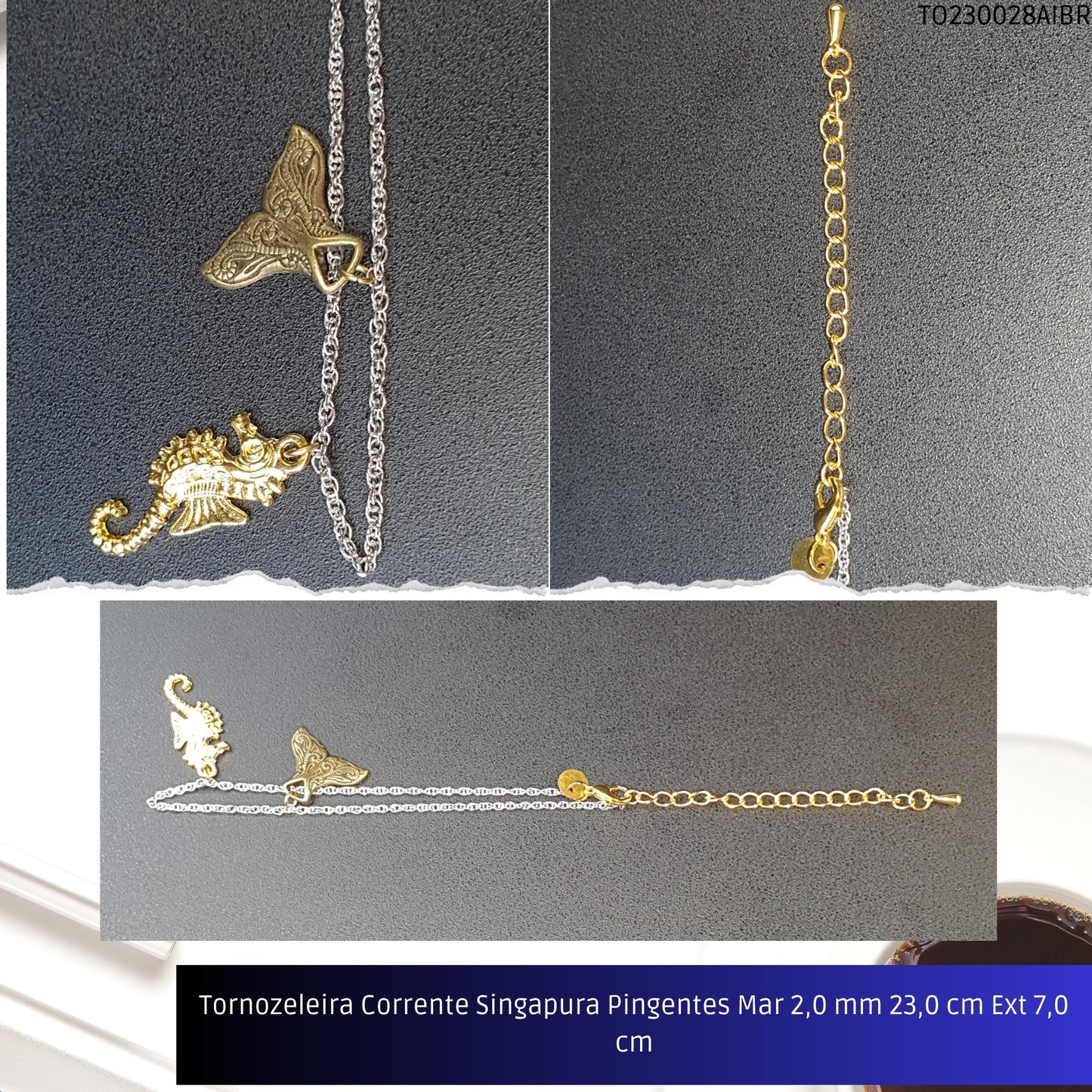 Tornozeleira Corrente Singapura Pingentes Mar 2.0 mm 23.0 cm Ext 7.0 cm  - Código.: TO230028AIBR  - Peso.: 5.7 gr