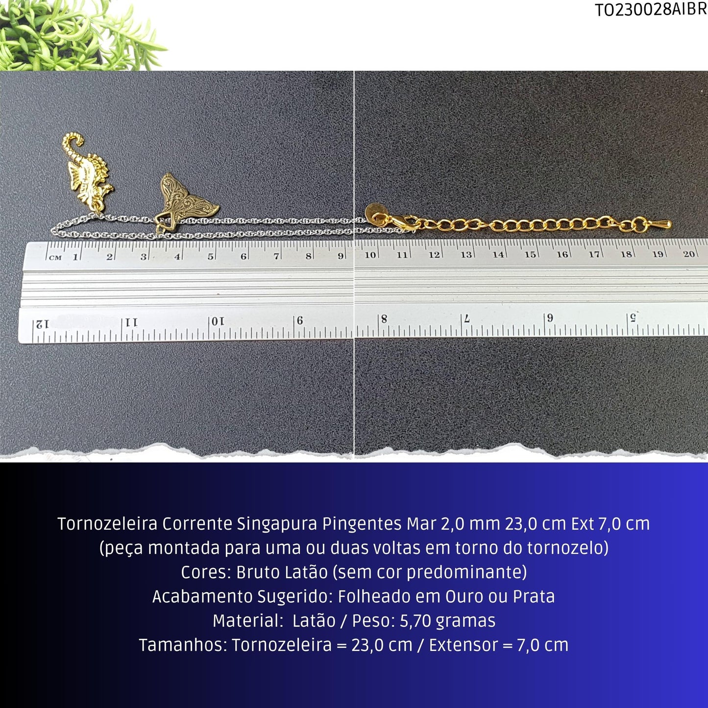 Tornozeleira Corrente Singapura Pingentes Mar 2.0 mm 23.0 cm Ext 7.0 cm  - Código.: TO230028AIBR  - Peso.: 5.7 gr