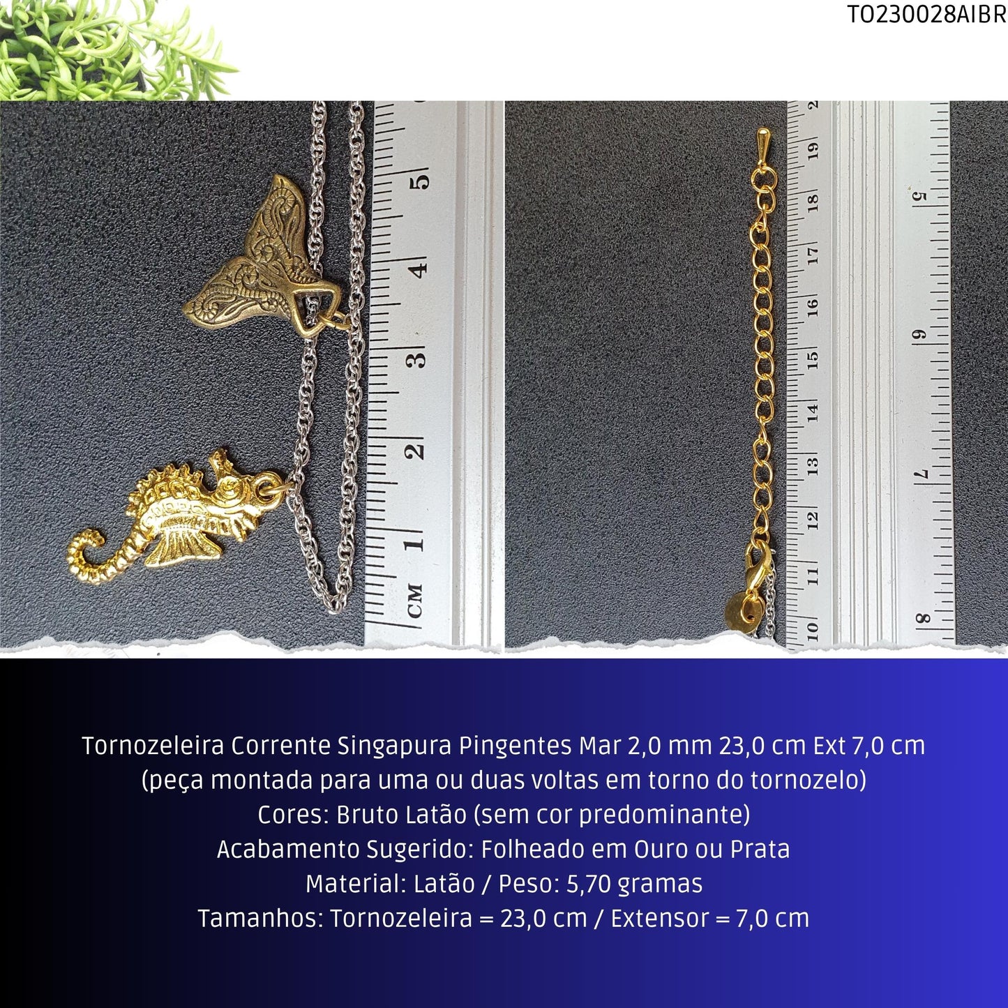 Tornozeleira Corrente Singapura Pingentes Mar 2.0 mm 23.0 cm Ext 7.0 cm  - Código.: TO230028AIBR  - Peso.: 5.7 gr