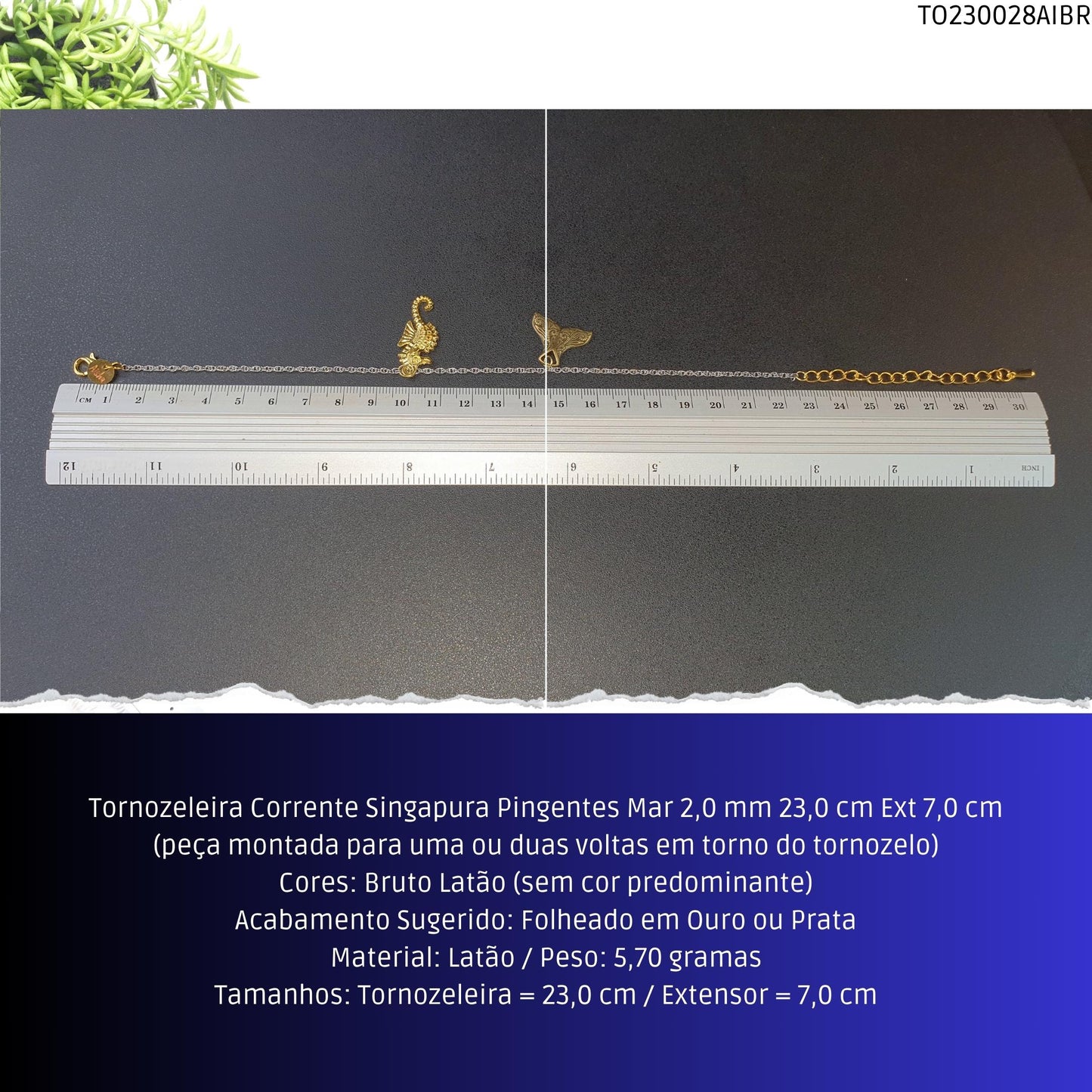 Tornozeleira Corrente Singapura Pingentes Mar 2.0 mm 23.0 cm Ext 7.0 cm  - Código.: TO230028AIBR  - Peso.: 5.7 gr