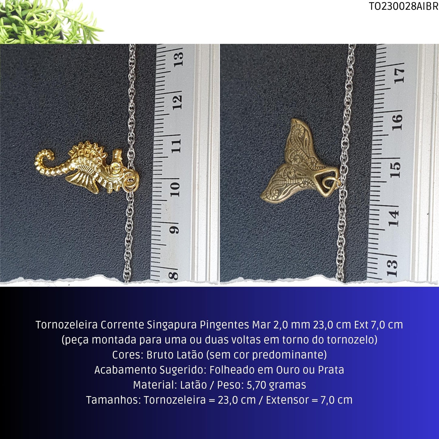 Tornozeleira Corrente Singapura Pingentes Mar 2.0 mm 23.0 cm Ext 7.0 cm  - Código.: TO230028AIBR  - Peso.: 5.7 gr