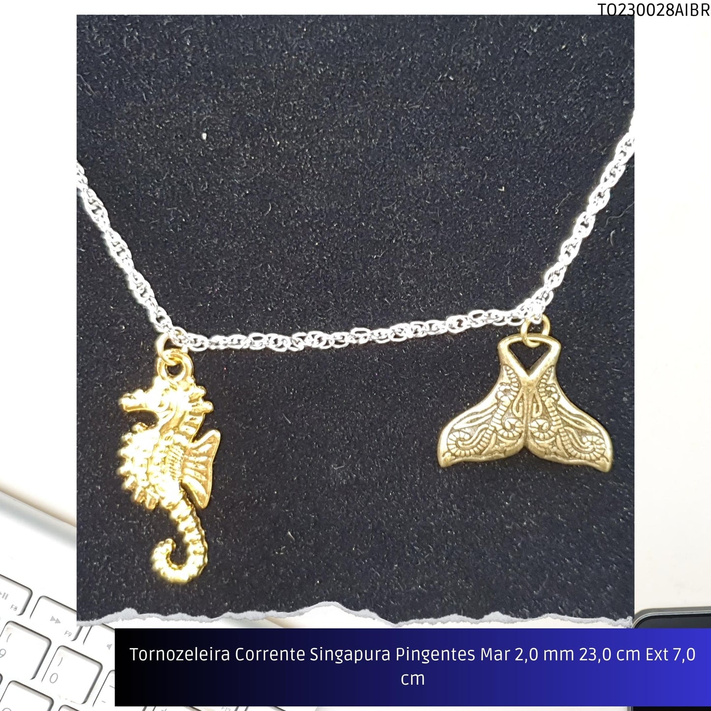 Tornozeleira Corrente Singapura Pingentes Mar 2.0 mm 23.0 cm Ext 7.0 cm  - Código.: TO230028AIBR  - Peso.: 5.7 gr