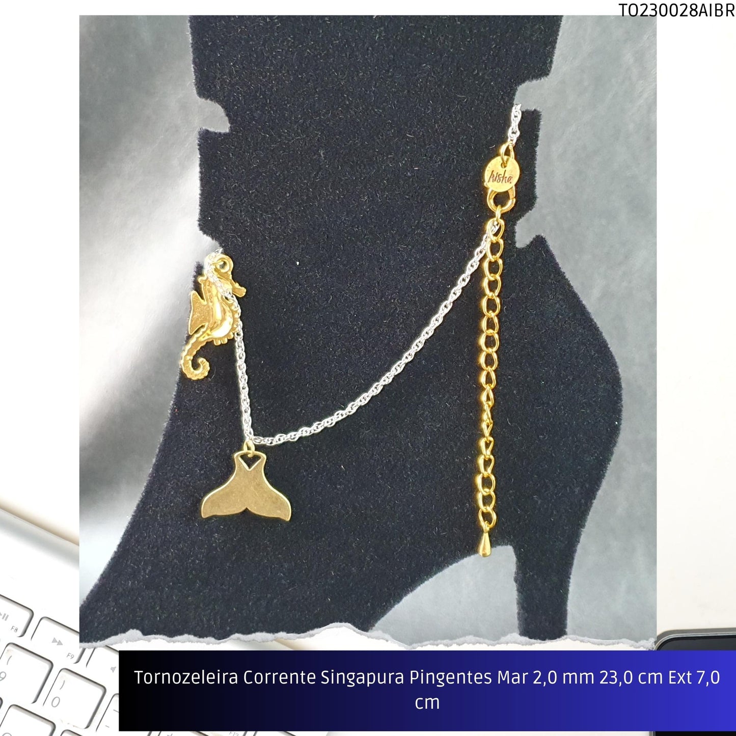 Tornozeleira Corrente Singapura Pingentes Mar 2.0 mm 23.0 cm Ext 7.0 cm  - Código.: TO230028AIBR  - Peso.: 5.7 gr