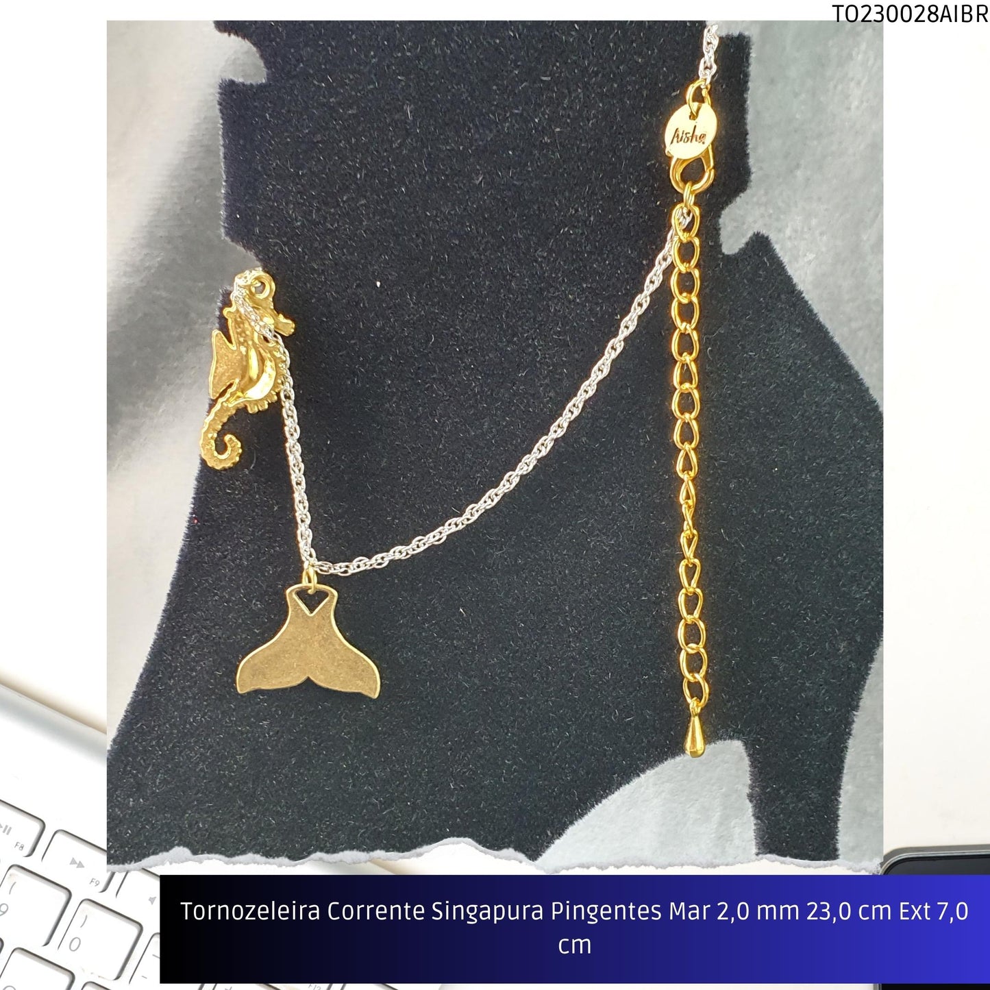 Tornozeleira Corrente Singapura Pingentes Mar 2.0 mm 23.0 cm Ext 7.0 cm  - Código.: TO230028AIBR  - Peso.: 5.7 gr