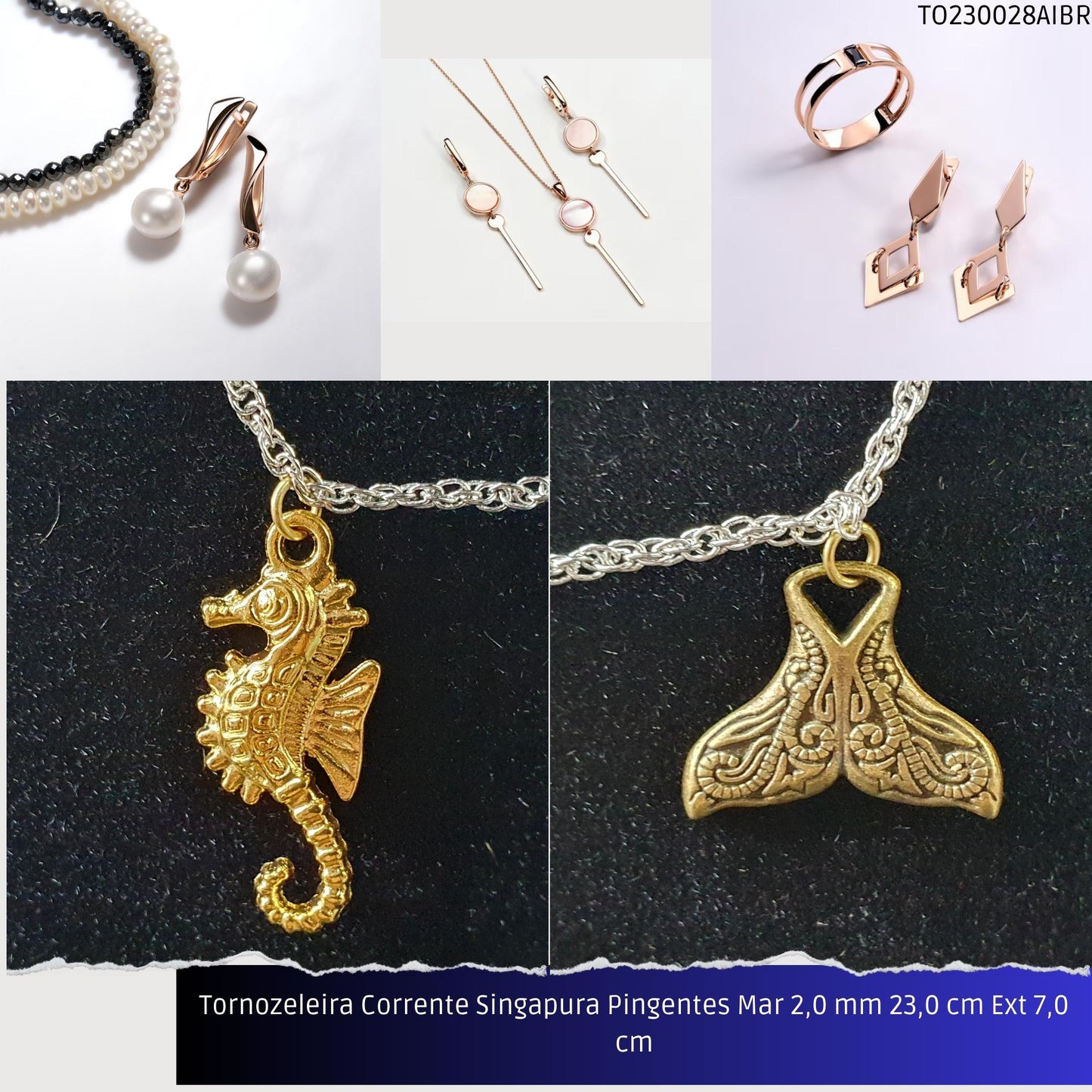 Tornozeleira Corrente Singapura Pingentes Mar 2.0 mm 23.0 cm Ext 7.0 cm  - Código.: TO230028AIBR  - Peso.: 5.7 gr