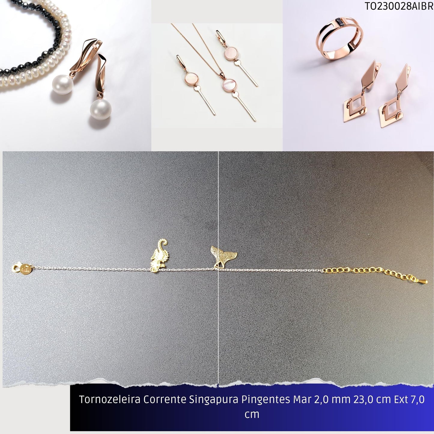 Tornozeleira Corrente Singapura Pingentes Mar 2.0 mm 23.0 cm Ext 7.0 cm  - Código.: TO230028AIBR  - Peso.: 5.7 gr