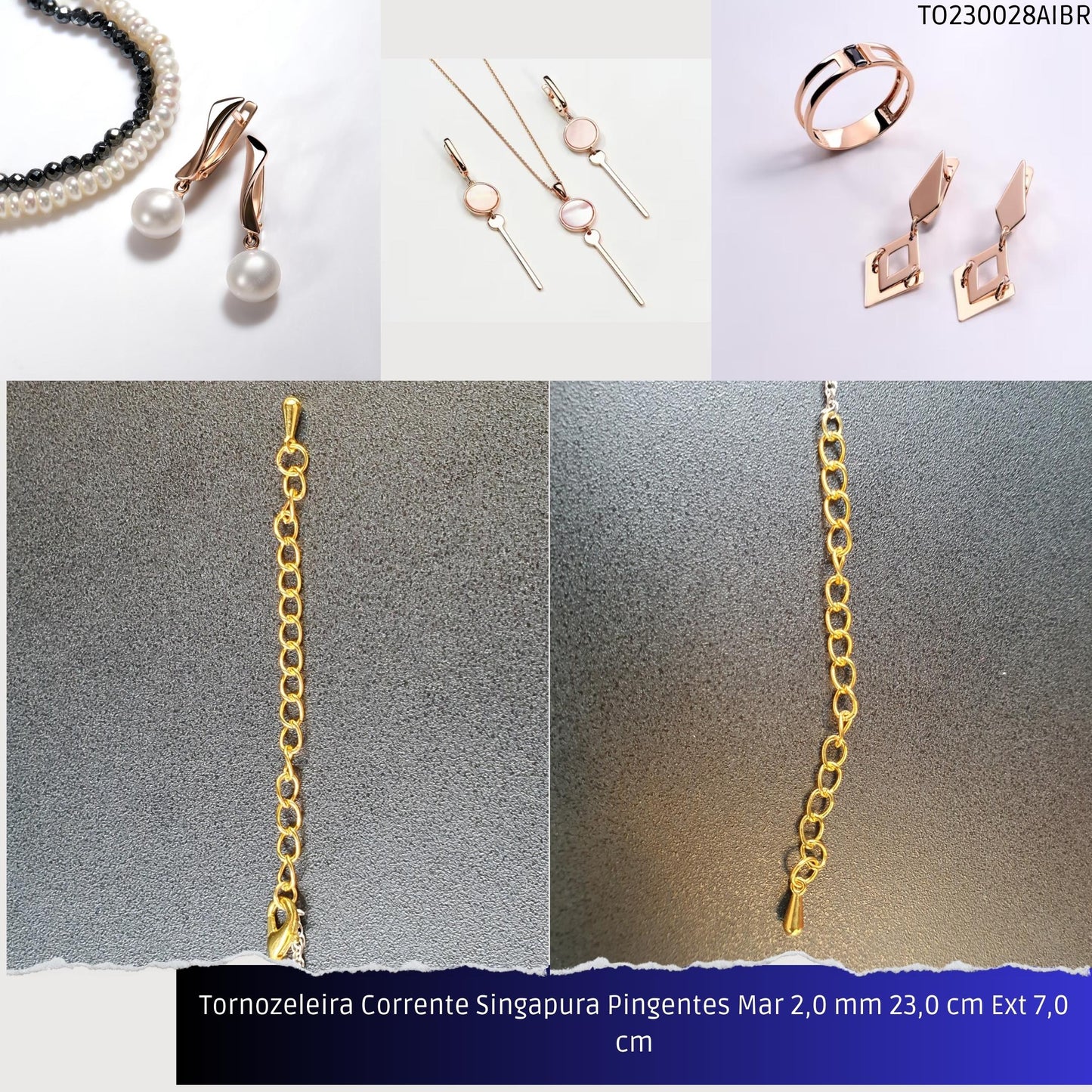 Tornozeleira Corrente Singapura Pingentes Mar 2.0 mm 23.0 cm Ext 7.0 cm  - Código.: TO230028AIBR  - Peso.: 5.7 gr