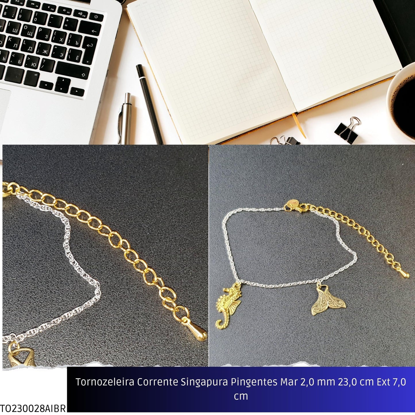 Tornozeleira Corrente Singapura Pingentes Mar 2.0 mm 23.0 cm Ext 7.0 cm  - Código.: TO230028AIBR  - Peso.: 5.7 gr