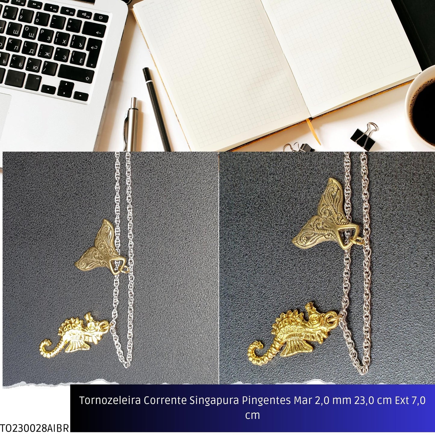 Tornozeleira Corrente Singapura Pingentes Mar 2.0 mm 23.0 cm Ext 7.0 cm  - Código.: TO230028AIBR  - Peso.: 5.7 gr